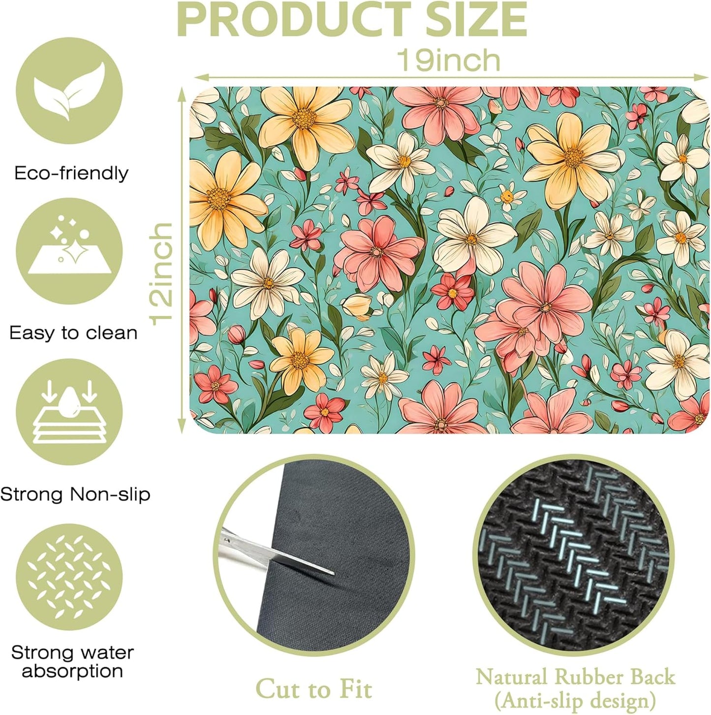 Dish Drying Mat Spring Flower Kitchen Mat 12"x19" Bsorbent Coffee Maker Mat for Dishes,Utensils Coffee Maker Pots and Pans Easy Clean Dish Slip Resistant Pad