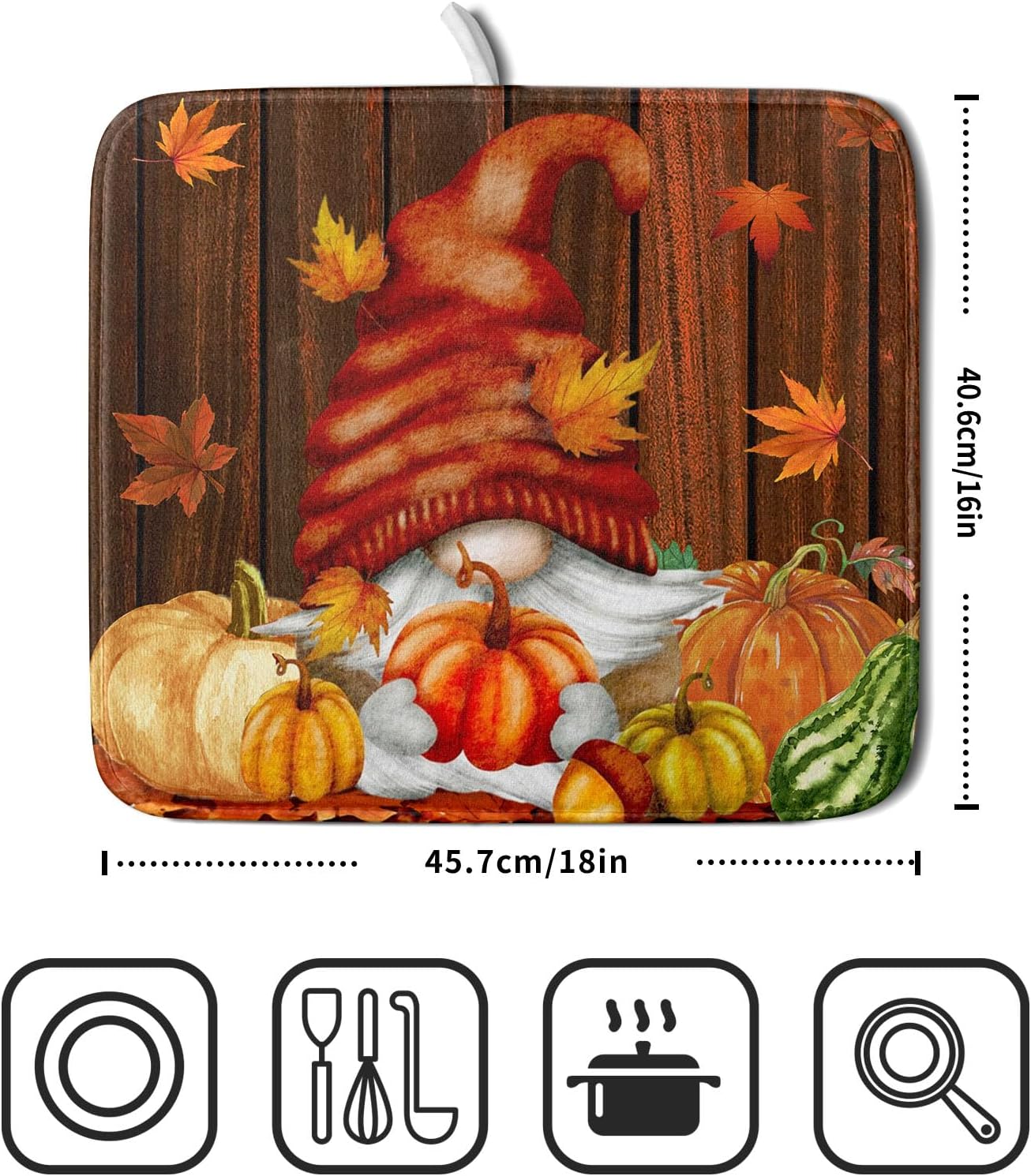 Fall Gnome Dish Drying Mat for Kitchen Counter,Autumn Pumpkin Maple Leaves Drying Mat 16 x 18 Inch Microfiber Dark Brown Wood Dish Drying Pad Dish Rack Drainer Mat Thanksgiving Day Decor
