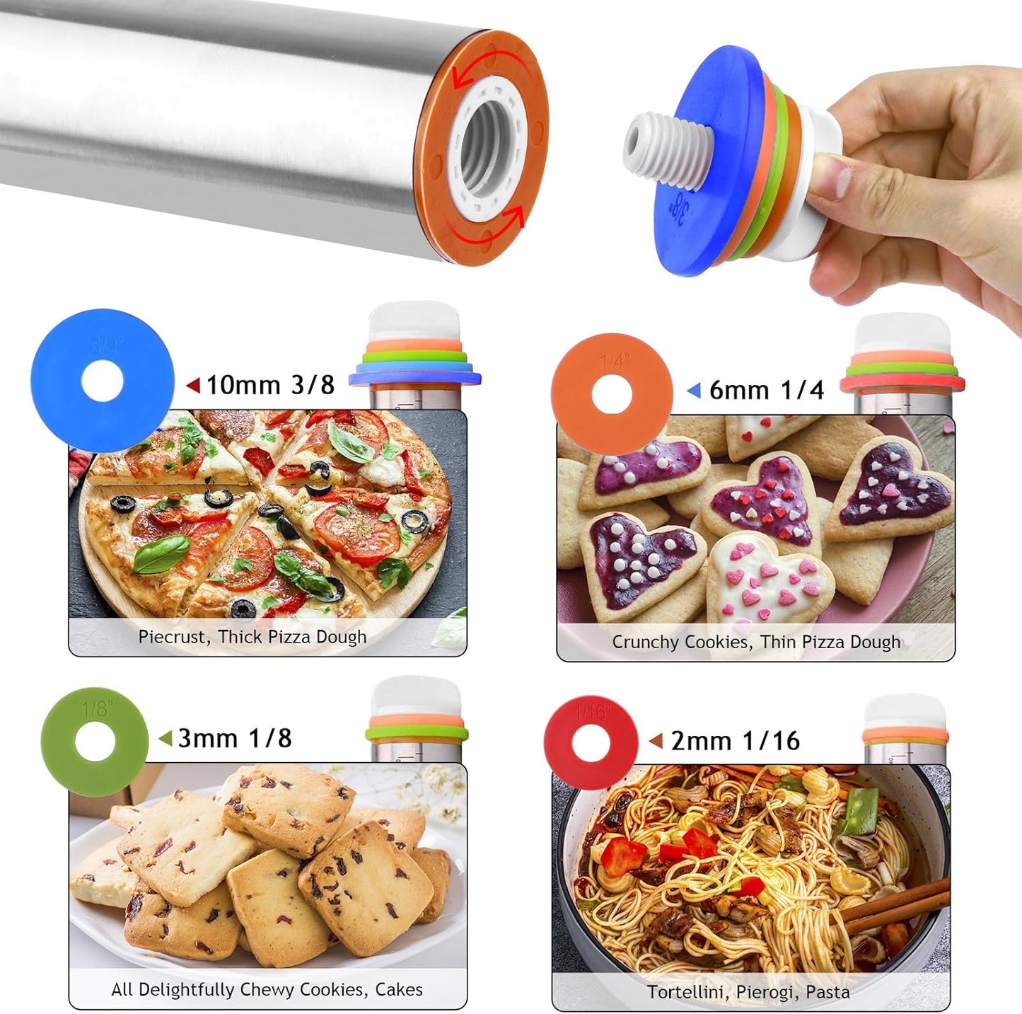 Adjustable Rolling Pin 3 Set and Silicone Baking Pastry Mat Silicone Bush Set,Thickness Rings,Stainless Steel Dough Roller 17.4" Rolling Pins for Baking Dough