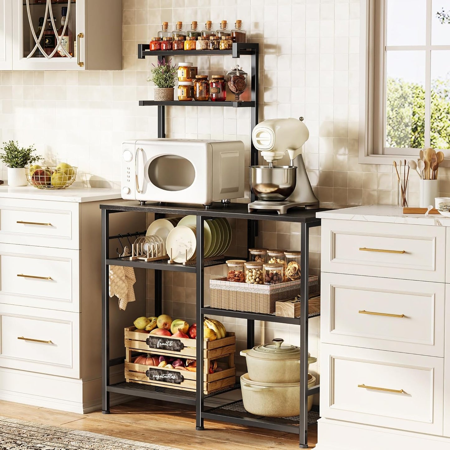 Huuger 31.5 Inch Bakers Rack with Power Outlets, Kitchen Microwave Stand with Storage, Coffee Bar with 4 Hooks, 3-Level Height Open Shelves, Black