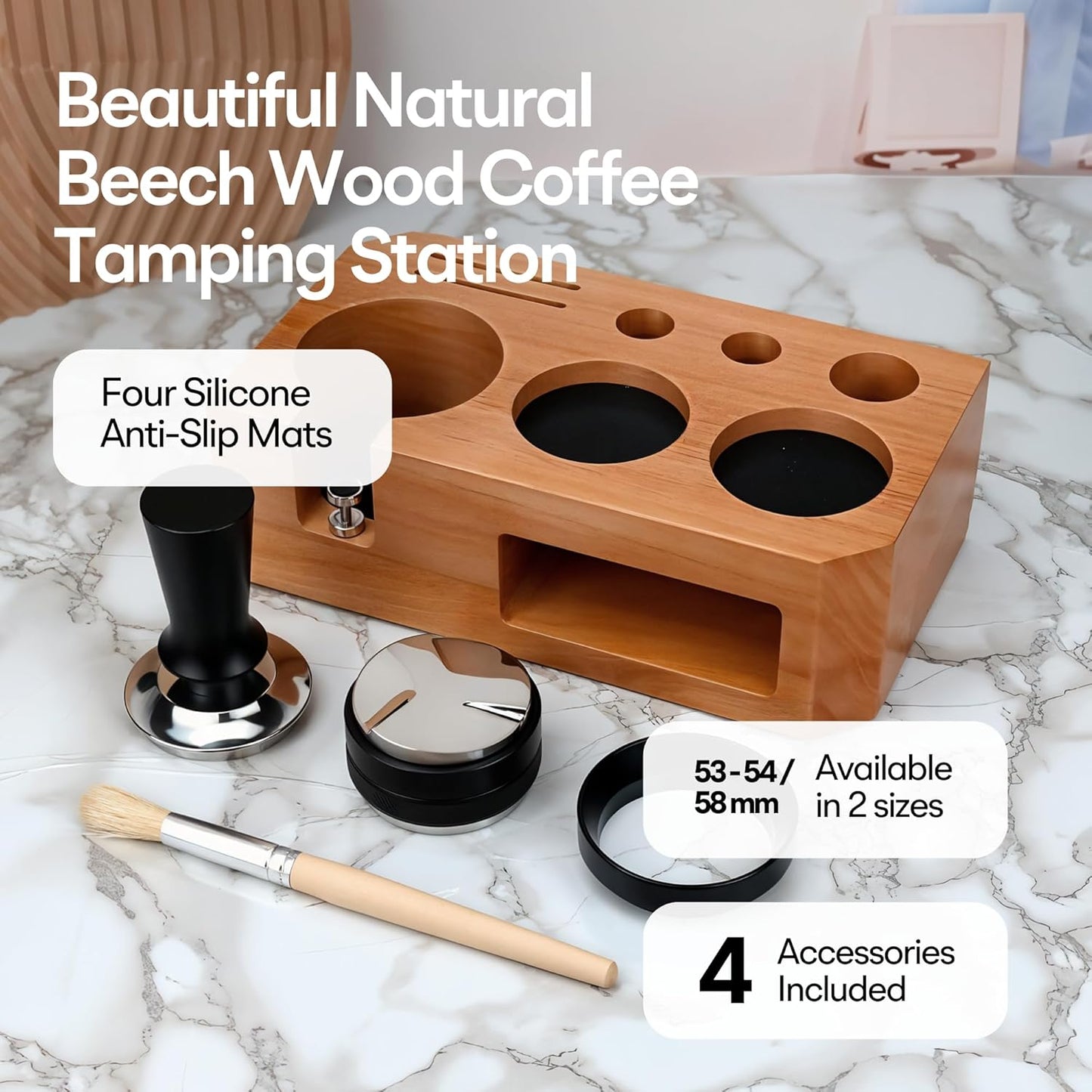 Espresso Tamping Station With Tools - 58mm - Includes Coffee Tamper, Distributor, Dosing Funnel & Brush - Wooden Coffee Tamper Station - Espresso Organizer & Portafilter Holder