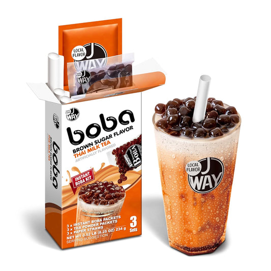 J WAY Instant Thai Milk Tea Kit with Authentic Brown Sugar Tapioca Boba, Ready in Under One Minute, Paper Straws Included - 3 Servings