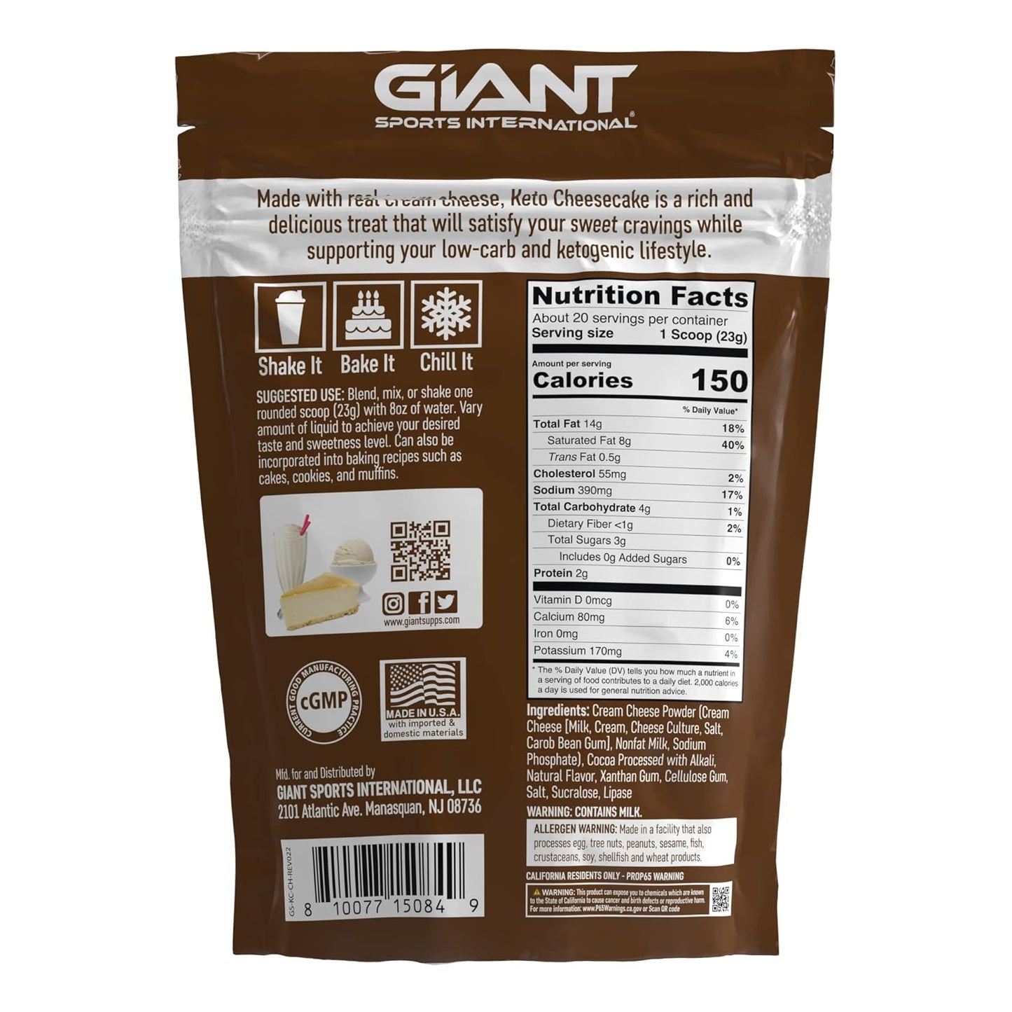 Giant Sports Keto Cheesecake Shake Mix - Delicious Low Carb, Ketogenic Diet Gluten Free Powder Mix - Works Great with Almond Milk - Chocolate (20 Serving Bag)