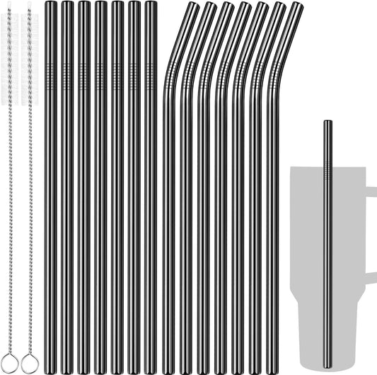 Tomorotec 11 Inch Stainless Steel Reusable Drinking Straws 14PCS & 2 Cleaning Brushes Set with Curved & Straight Designs, Compatible with 30oz Stanley Tumblers, Dishwasher Safe, BPA-Free (Black)