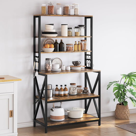Yaheetech 6-Tier Kitchen Bakers Rack, 31.5 Inch Coffee Bar Table, Farmhouse Microwave Oven Stand Cabinet for Small Spaces, Corner Organizer Storage Shelf for Spices and Pots Rustic Brown