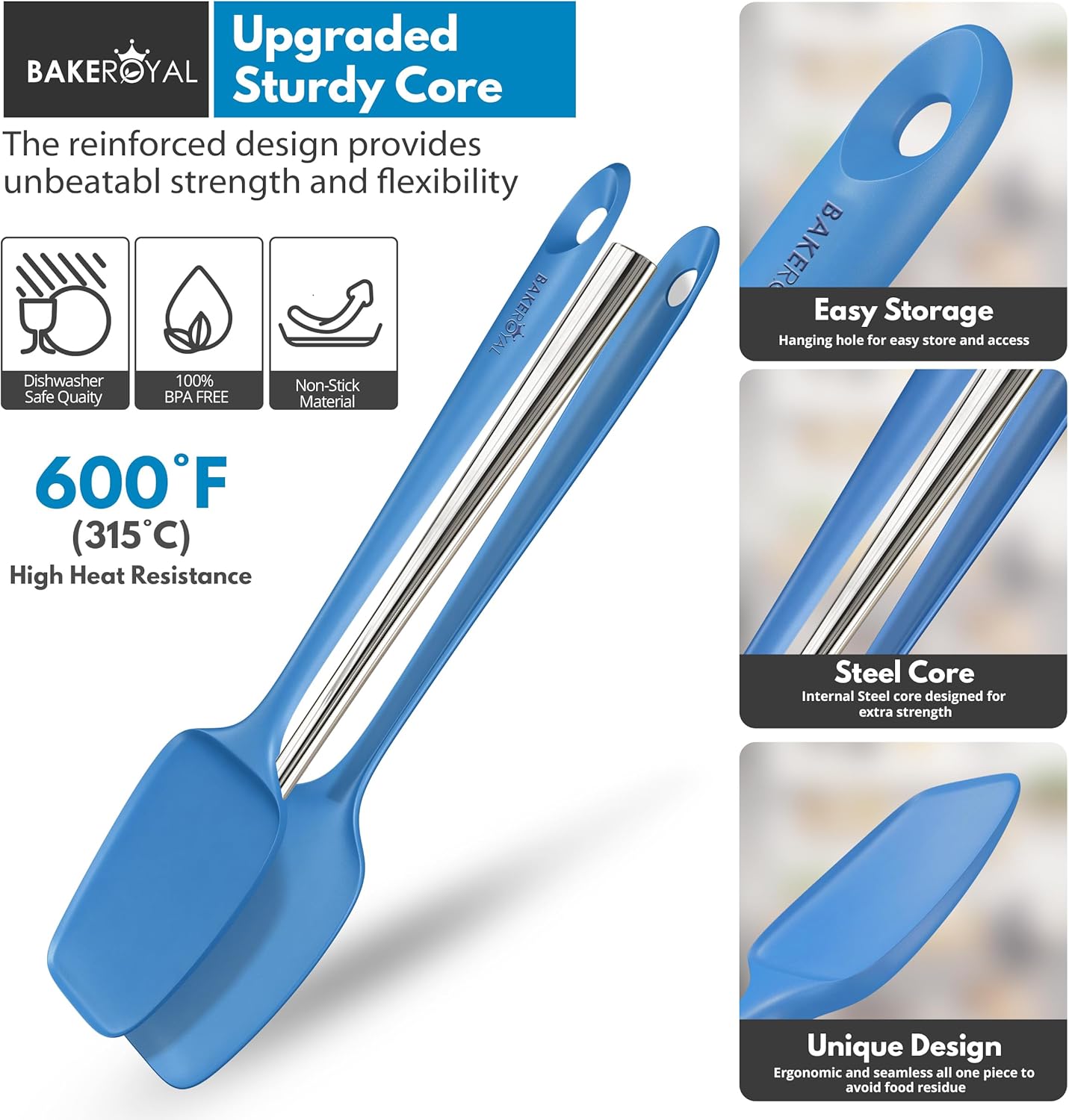 Silicone Spatula Set - 4-Piece Rubber Spatulas Silicone Heat Resistant 600°F for Everyday Task - Seamless Design Kitchen Spatulas for Nonstick Cookware - Blue