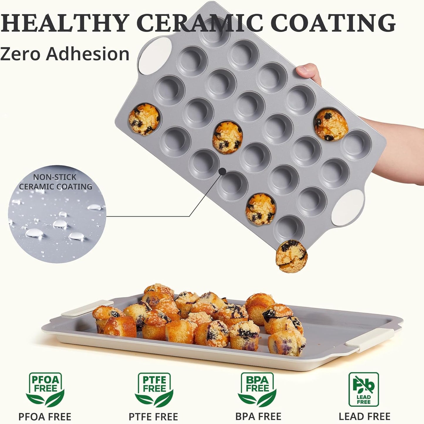 BRONYPRO Ceramic Mini Muffin Pan, 24-Cup Nonstick Aluminized Steel Cupcake Pans, Healthy Non-Toxic Ceramic Coating Mini Muffin Tin, 1Pack Cup Cake Pans for Baking Cream