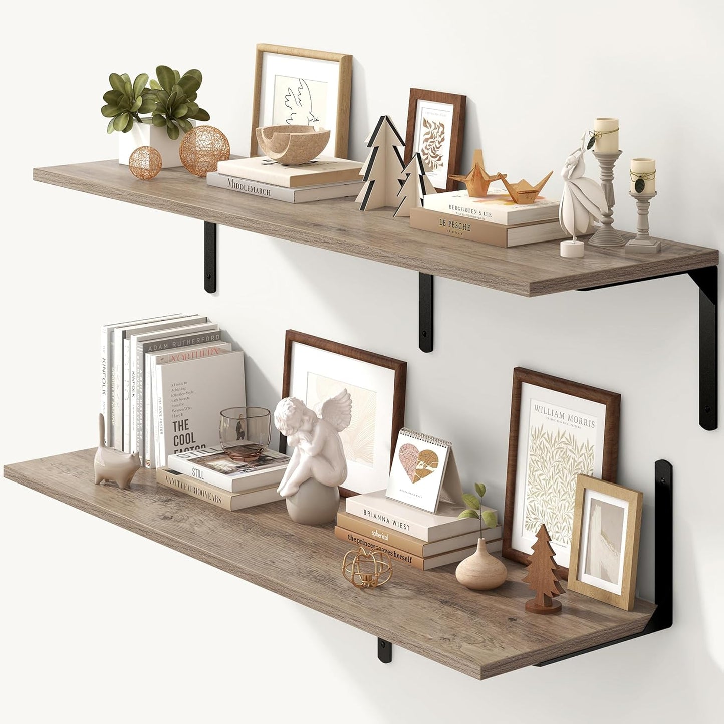 Fun Memories Floating Shelves for Wall, 12 Inch Deep Floating Shelves Set of 2, Wall Mounted Shelf with Metal Brackets, Rustic Wood Wide Shelf for Bathroom, Kitchen and Living Room, Grey, 48W x 12D