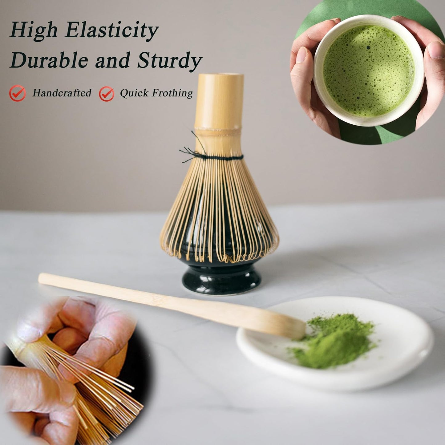 Matcha Whisk Set (7pcs) - Matcha Set with Whisk,Pouring Spout Bowl(15oz),Chasen Holder,Powder Sifter,Bamboo Scoop with Stand,Tea Cloth,Perfect Tools Kit for Tea Ceremony(Celadon Green)