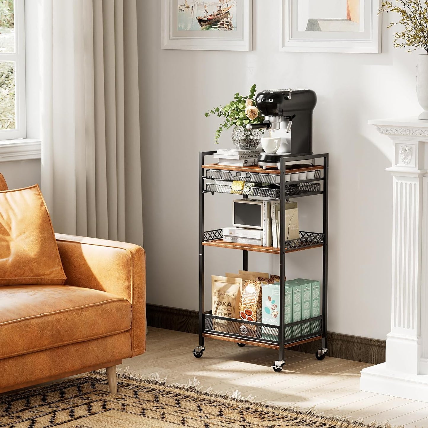 K Cup Holder Rack, Coffee Station Organizer for Nespresso Vertuo and K Cup Capsules, Multi-Functional Bar Accessories Organizer With Wheels for Living Room, Kitchen