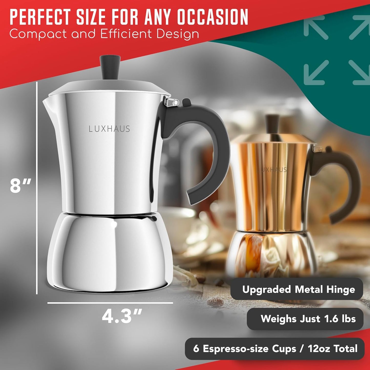 LuxHaus Moka Pot - 6 Cup Stovetop Espresso Coffee Maker - 100% Stainless Steel Italian and Cuban Mocha Coffee Maker