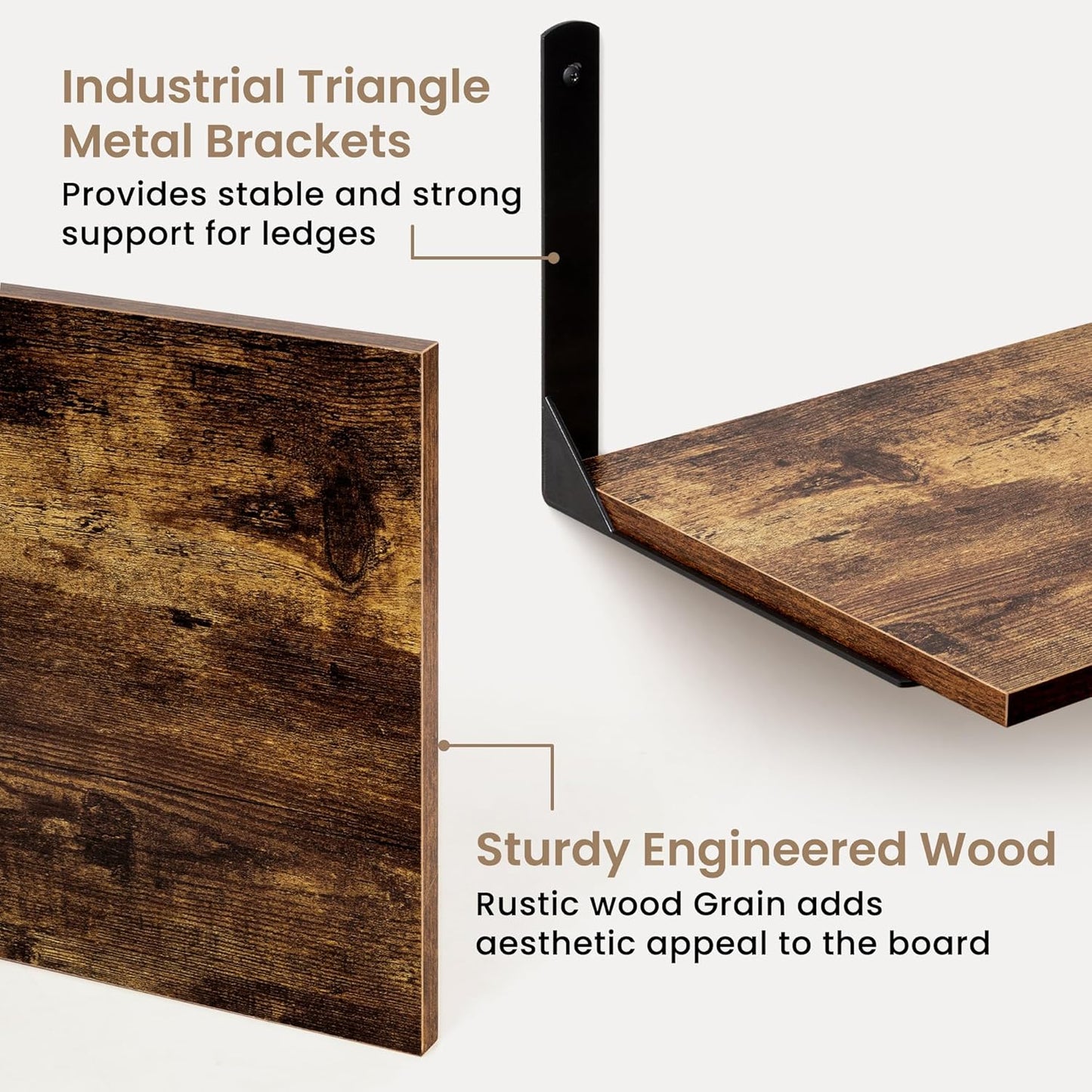 Fun Memories Rustic Brown 12 Inch Deep Floating Shelves Set of 2, Wall Mounted Shelf with Metal Brackets, Rustic Wood Wall Shelf for Bathroom, Kitchen and Living Room