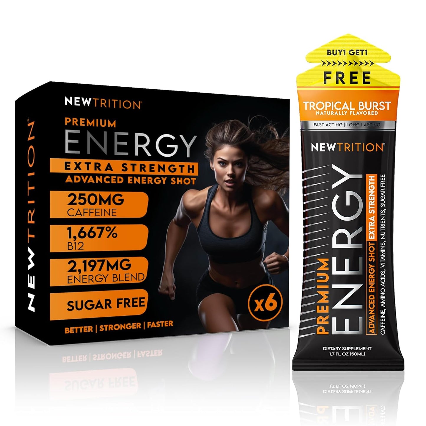 NewTrition® Extra Strength Energy Shots, 250mg Caffeine Energy Shots with Vitamin B & Amino Acids, Sugar-Free Vitamin Energy Shot, 1.7 fl oz (Pack of 6, Tropical Burst)