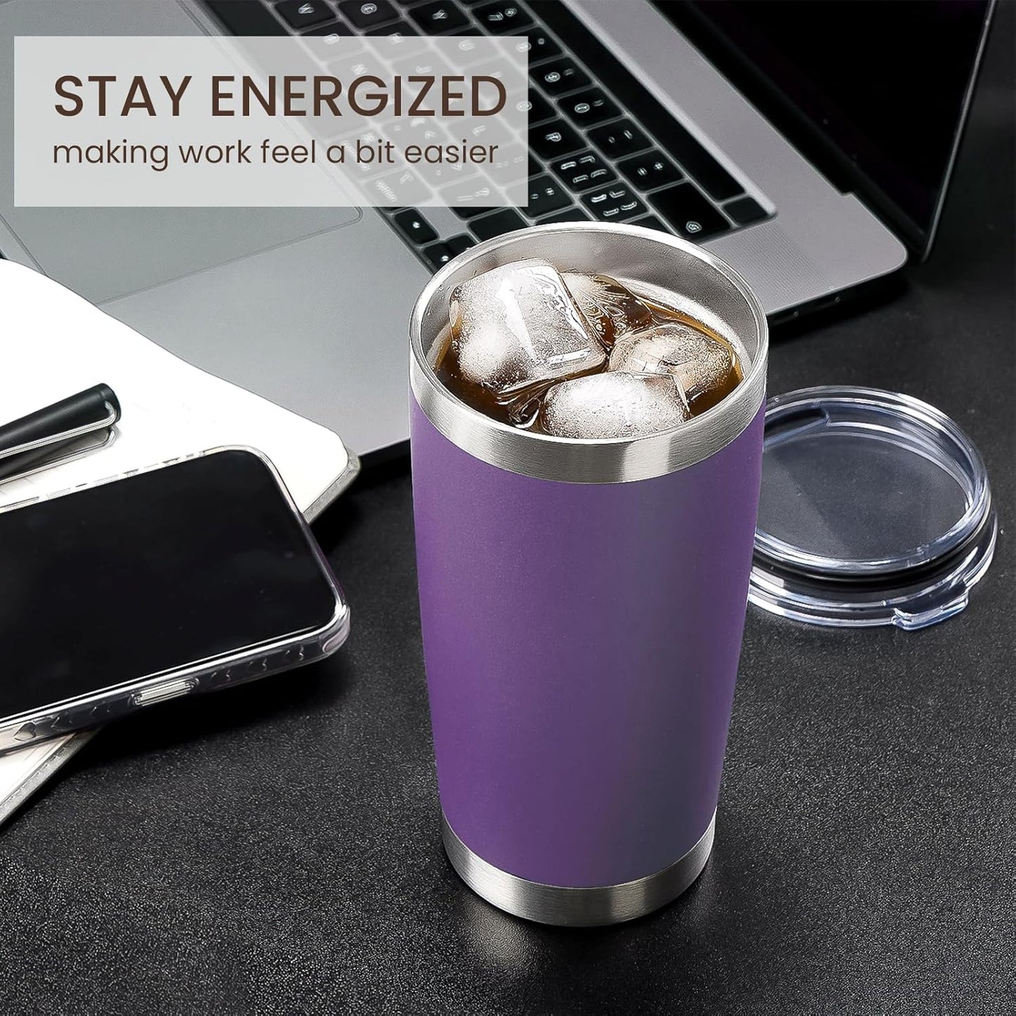 MEWAY 20oz Tumbler 8 Pack Double Wall Vacuum Insulated Travel Mug Bulk, Stainless Steel Tumblers with Lid and Straw, Durable Powder Coated Coffee Cups for Cold & Hot Drinks (Purple, 8)