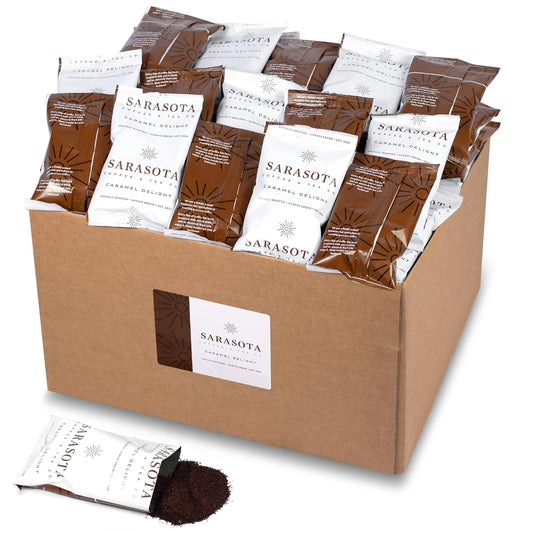 Sarasota Coffee Packs Bulk Ground Packets | Salted Caramel Flavored | Gourmet Gift Sampler | Low Acid Mold Free Individual Single Pot Pouches for 12 Cup Coffee Maker | 1.75 Oz Bags, 100 Count