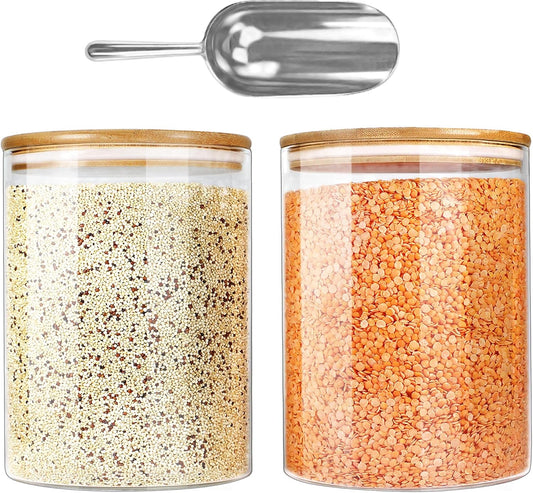 Urban Green Glass Jar with Bamboo Lids (2 sets 100oz) with Metal Scoop, Food Storage Containers with Airtight Lids, Glass Canisters sets, Flour Container Jar