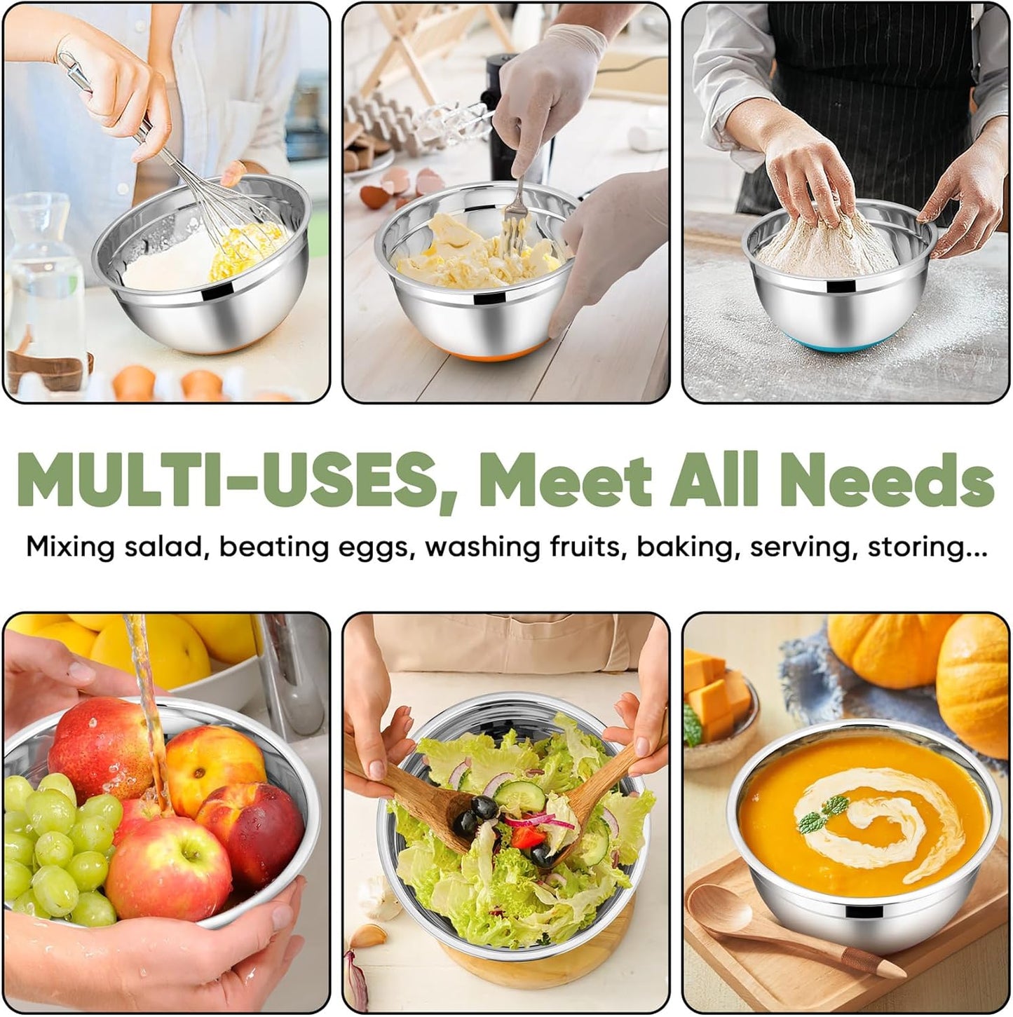 TeamFar Mixing Bowls with Lids Set, 1/1.5/2.5/3.5/7 QT, Stainless Steel Large Metal Nesting Salad Bowl Set of 5, Healthy & Sturdy, Non-slip Bottom & Airtight Lid, Multi-Color