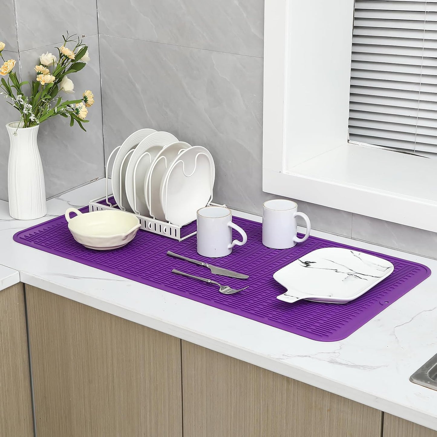 Silicone Dish Drying Mat for Multiple Usage,Easy clean,Eco-friendly,Heat-resistant Silicone Mat for Kitchen Counter or Sink,Refrigerator or Drawer Liner Purple 5XL 36inches x 18inches