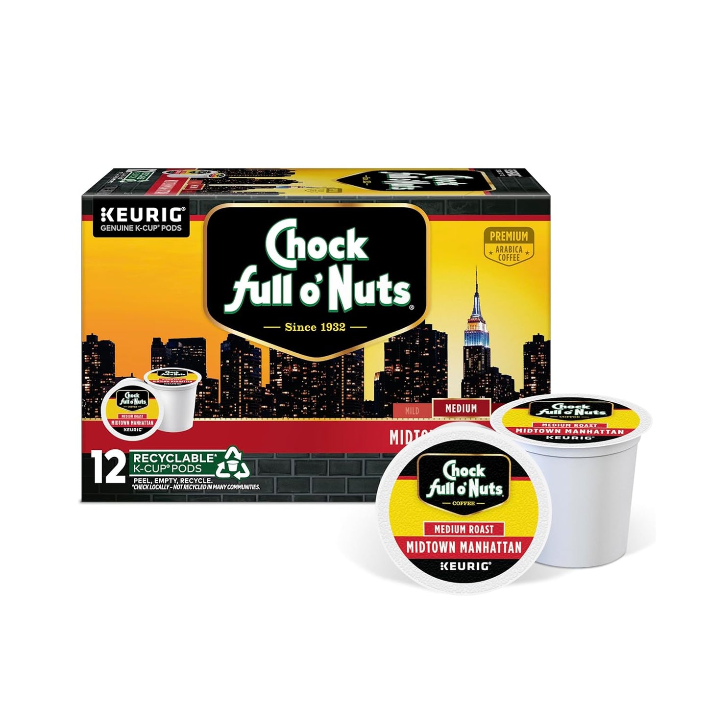 Chock full o’Nuts Midtown Manhattan Keurig K-Cup Pods for Keurig Brewers – Premium Arabica, Medium Roast – Single Serve – 1 Pack of 12 K-Cup Pods