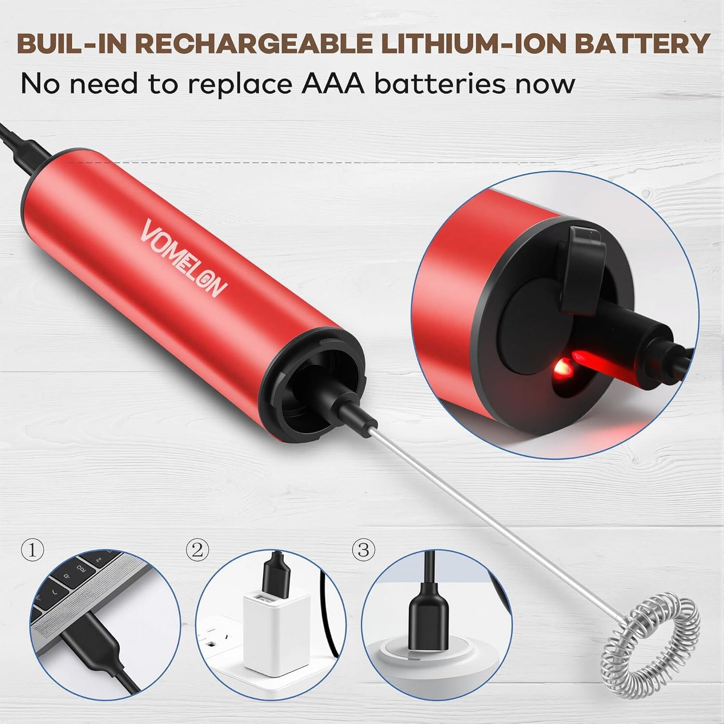 Rechargeable Milk Frother Handheld Electric Frother Wand Milk Foamer Drink Mixer for Coffee, Lattes, Cappuccino, and Egg, Stainless Steel for Travel-Rube Red