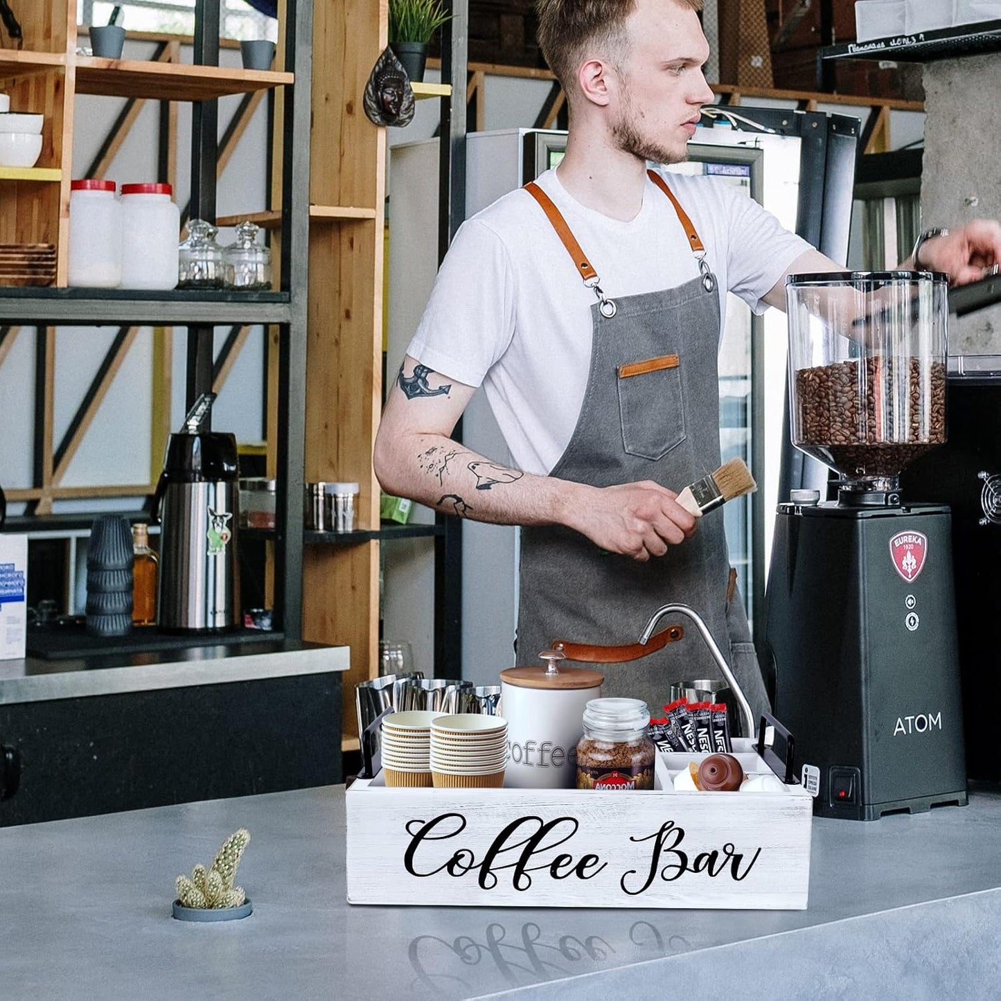 Coffee Station Organizer Wooden Coffee Bar Holder Accessories for Countertop, Farmhouse Kcup Pod Storage Basket with Handle - White