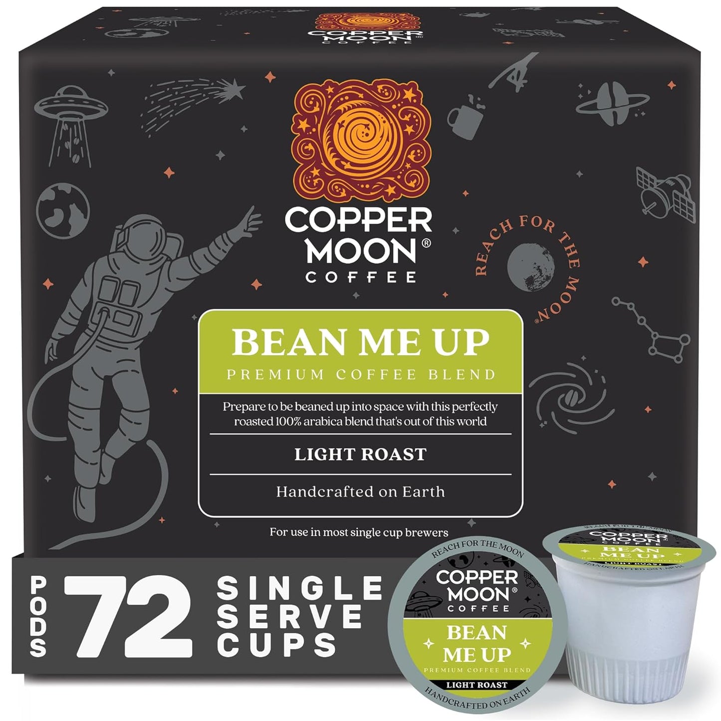 Copper Moon Single Serve Coffee Pods for Keurig K-Cup Brewers, Light Roast, Bean Me Up Blend, 72 Count