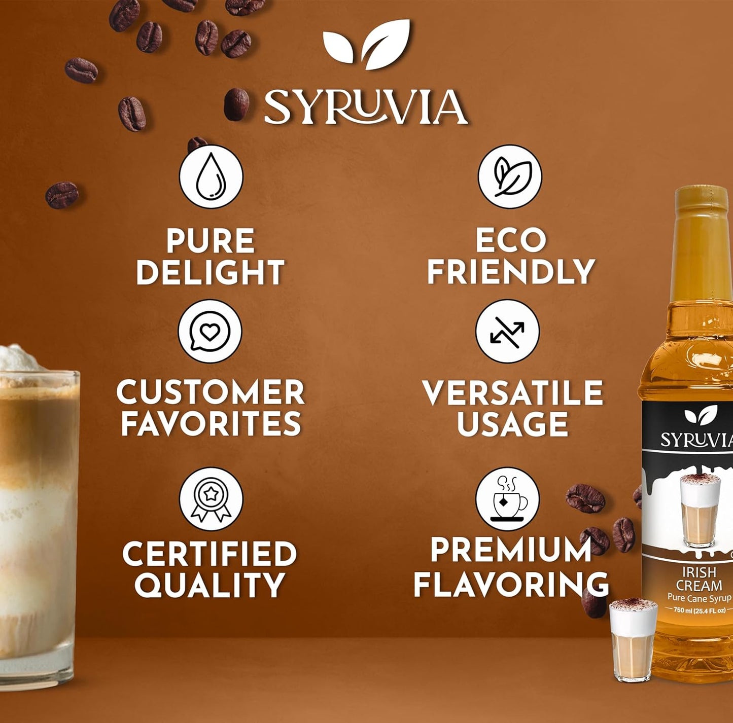 Syruvia Irish Cream Syrup for Coffee - 25.4 fl oz. Kosher and Gluten-Free. Perfect for Enhancing Drinks, Sodas, Shakes, Desserts, and More.