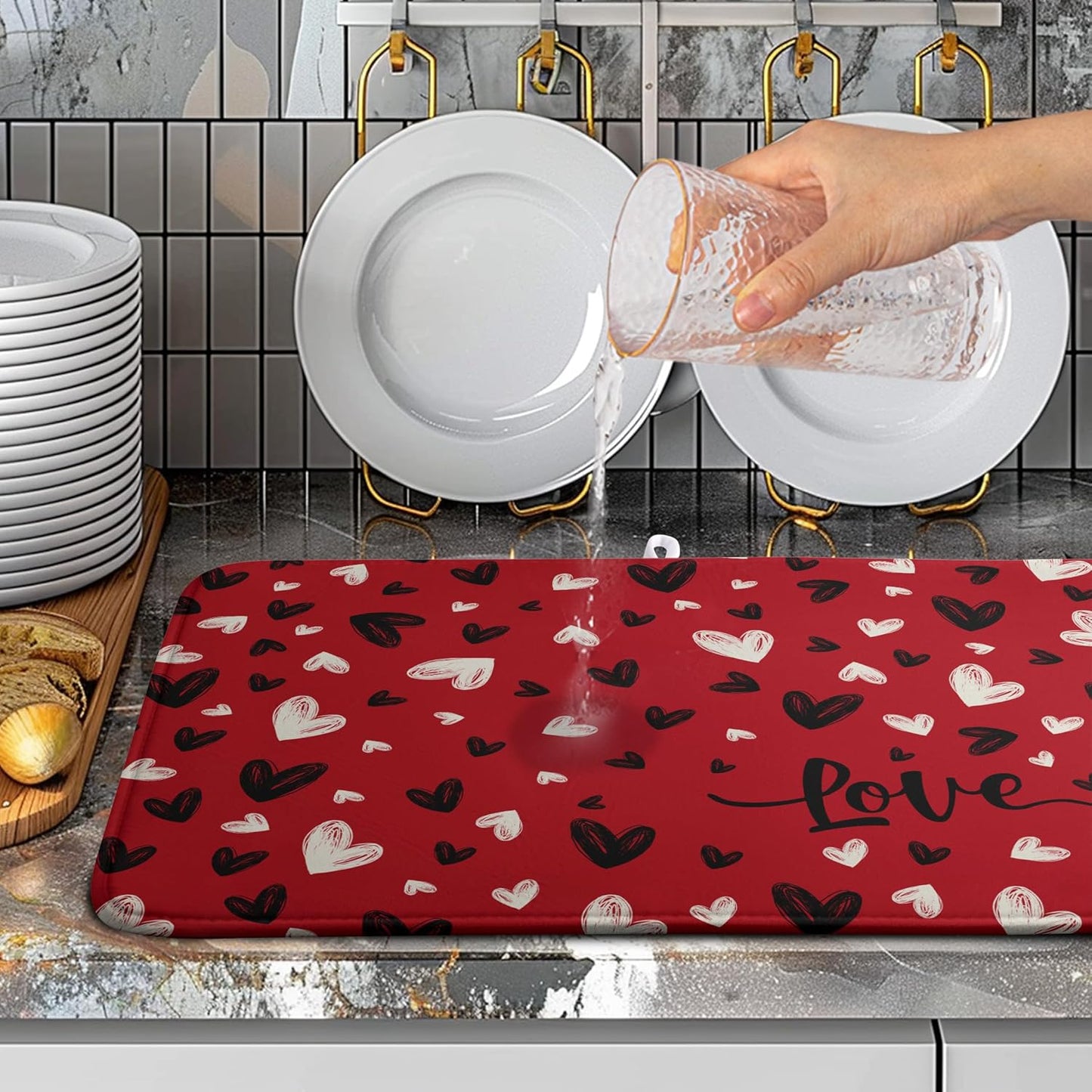 Valentines Day Dish Drying Mat Red Black Love Heart Valentine Kitchen Dish Drying Pad Absorbent Dish Dryer Mat for Kitchen Countertops Microfiber Dishes Drainer Pad Dish Drying Rack Mat (18x24 in)