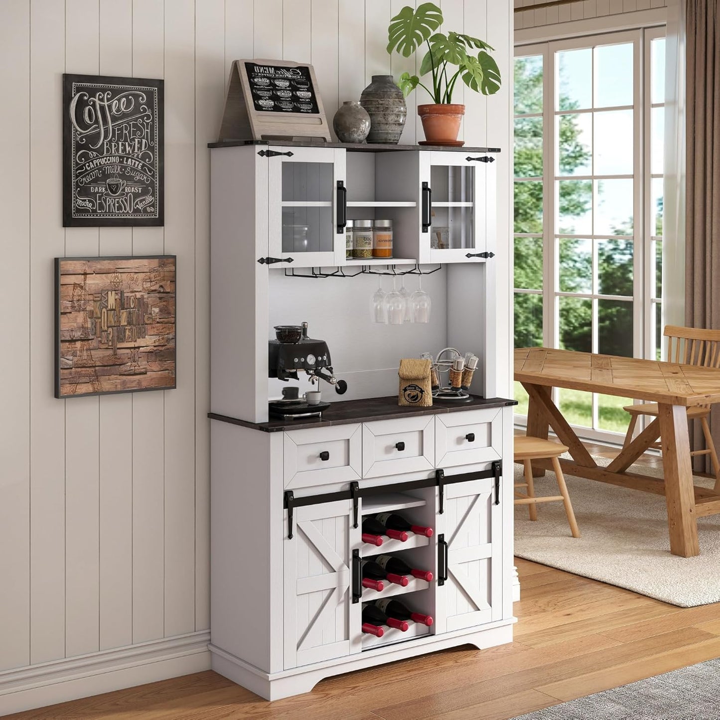 Coffee Bar Cabinet with Sliding Barn Doors 71'' Farmhouse White Pantry Cabinet with Drawers & Wine Glass Rack Rustic Buffet Cabinet for Kitchen, Black