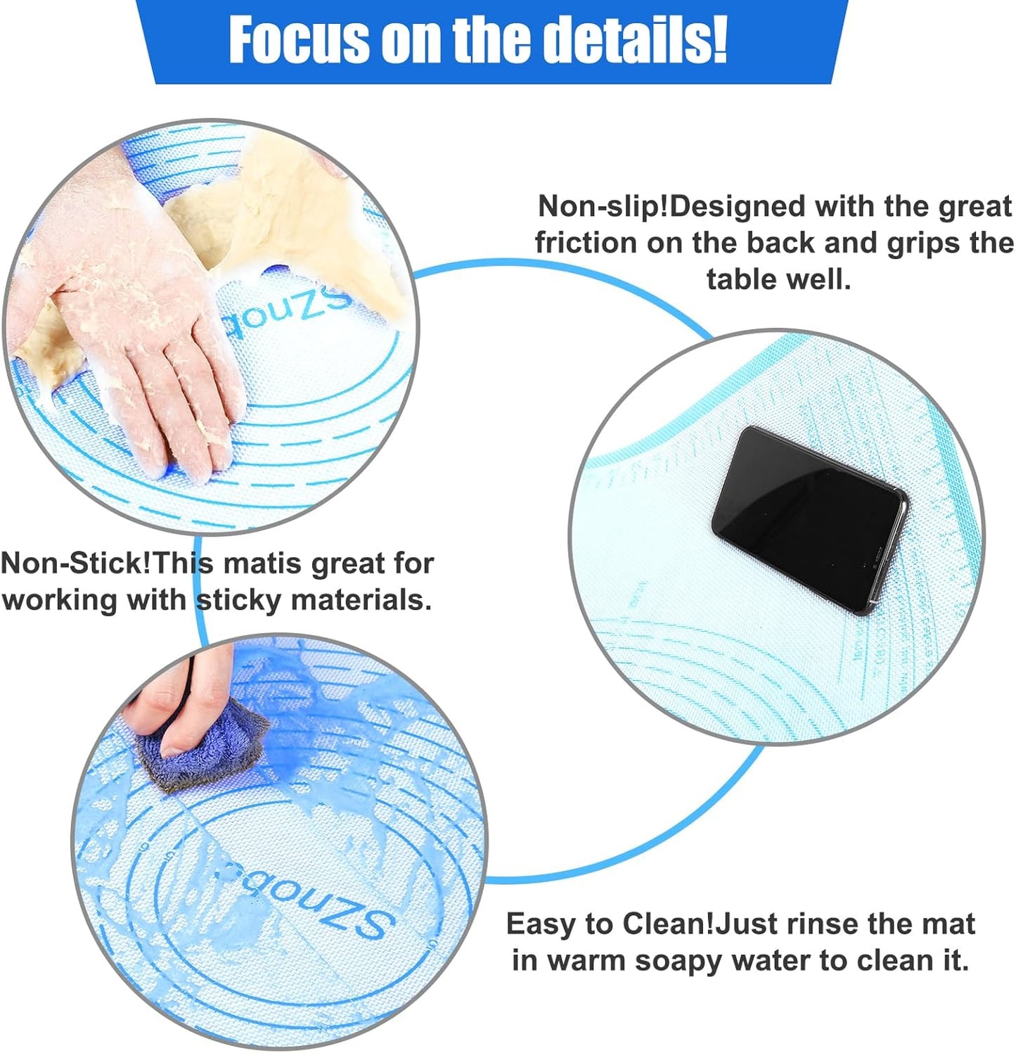 Silicone Pastry Mat 36x24 Inch Nonstick Baking Mat Perfect for Dough Mat, Pastry Board, Kitchen Counter Mat - For Dough, Pastry, Pie Crust, Fondant, Cookies, Bread, Pasta/Pizza, Blue