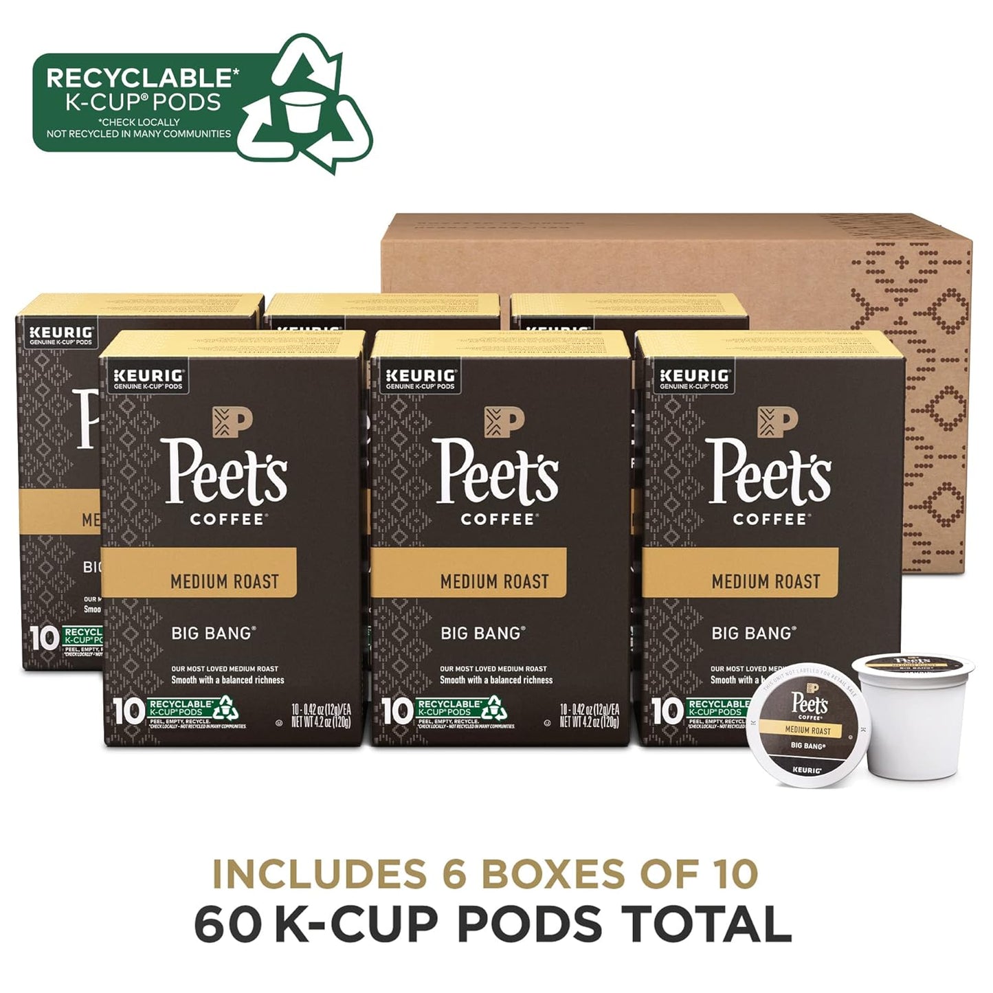 Peet's Coffee, Medium Roast Keurig K-Cup Pods - Big Bang 60 Count (6 Boxes of 10 K-Cup Pods)