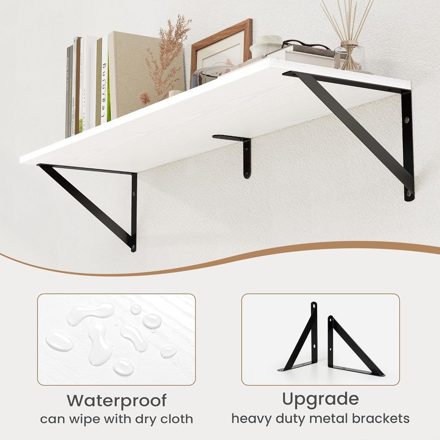 Heimlove White Deep Floating Shelves for Wall, 32W x 8D Wood Wall Shelves Set of 2, Wide Floating Bookshelf for Living Room, Kitchen, Office, Bedroom and Decor Storage, with Black Bracket - White