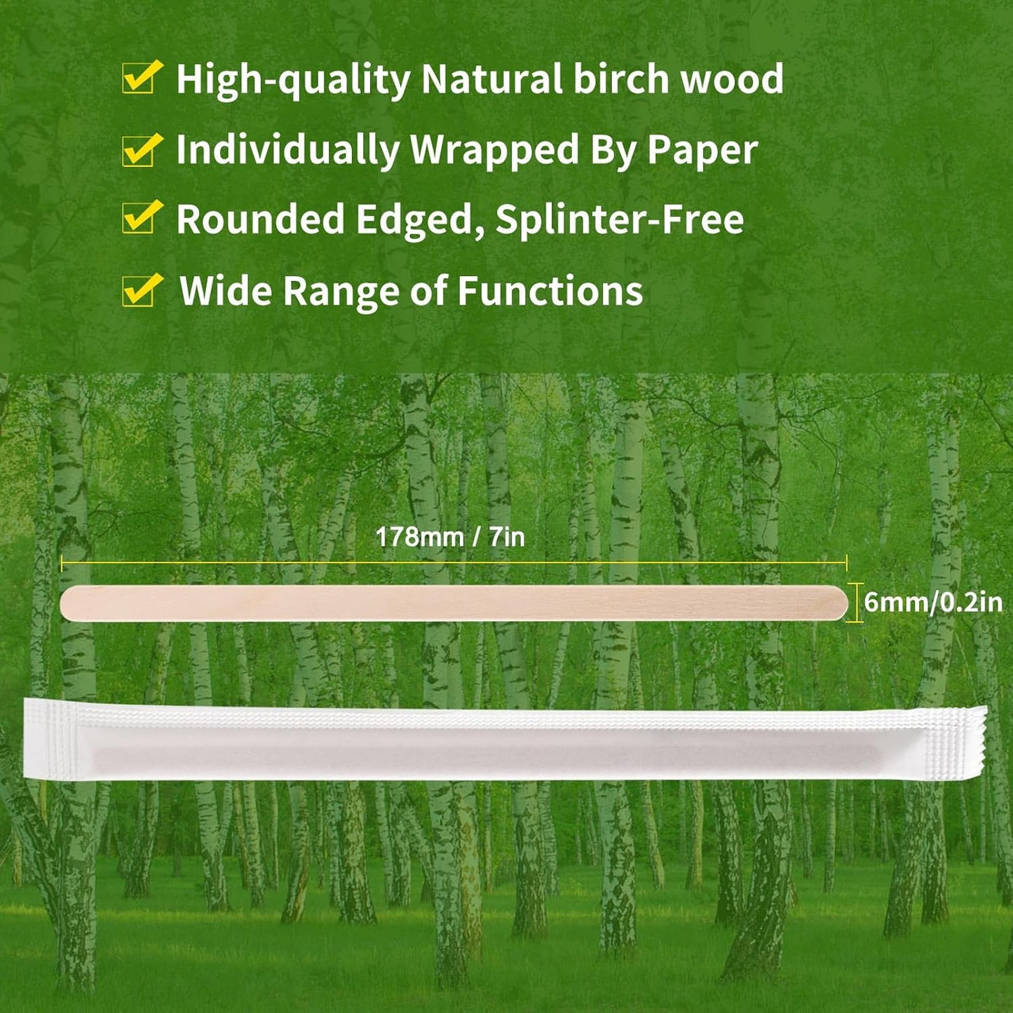 200pcs Individually Wrapped Coffee Stirrers Wood - 7" Coffee Stir Sticks, Round End Disposable coffee stirrer, For Coffee, Cocktail and Hot Drinks