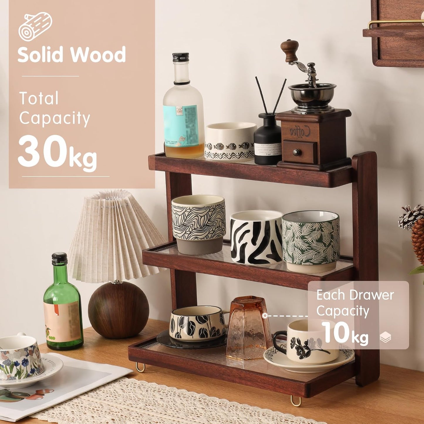 Coffee Mug Holder Wooden Cup Rack,3-Tier Acrylic Home Wood Mug Display Rack for Kitchen Countertops, Coffee Bars, Syrup, Cups, Stirrers