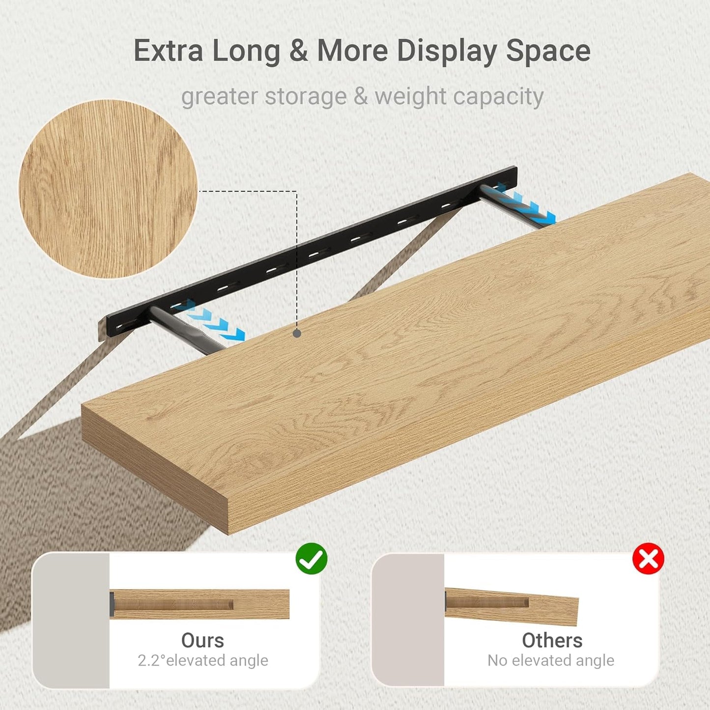 Vivelove 10 inches Deep Floating Shelves 36 inch Long, Large Oak Wall Shelves Heavy Duty 70 lbs for Bedroom, Bathroom, Living Room, Kitchen, Office, Modern Shelf Home Decor with Invisible Bracket