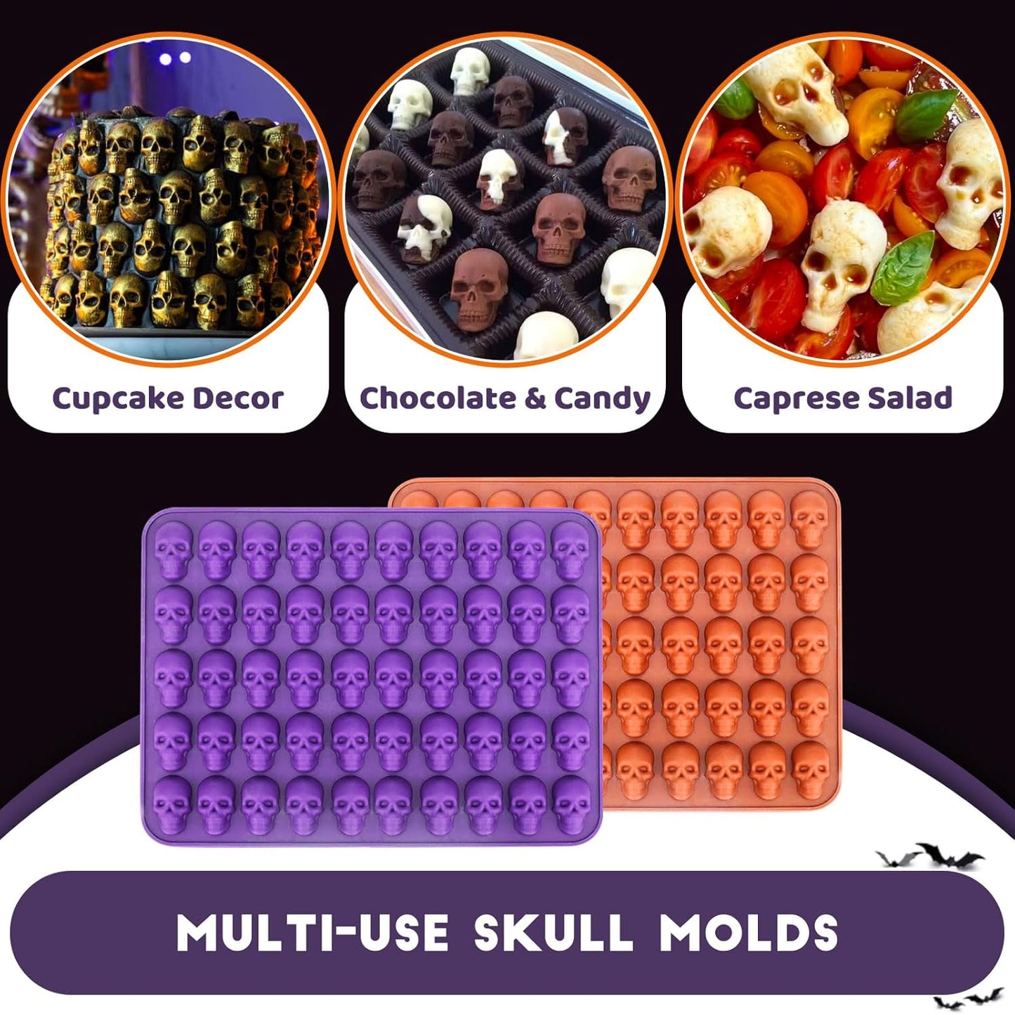 Mini Skull Molds Silicone Halloween for Candy Gummy Chocolate, 100 Cavity 2 pcs Small Head Shapes Freezing Tray Party Homemade 3D Caprese salad Wax Melts DIY Moulds BPA Free Kids Oven Safe