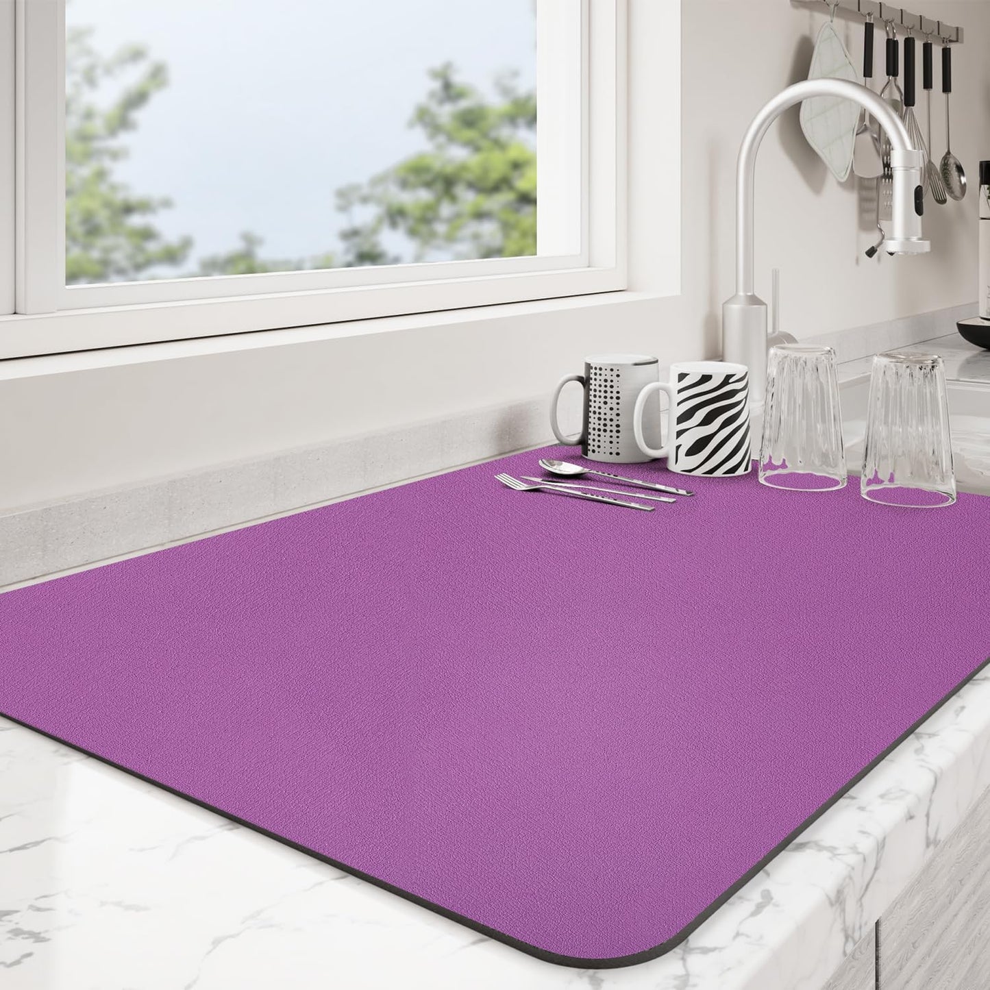 Dish Drying Mat for Kitchen Counter | Coffee Bar Mat for Countertops | Heat Resistant Drainer Mat with Non-slip Rubber Backed | Hide Stain Kitchen Absorbent Draining Mat | Purple 16"x18"