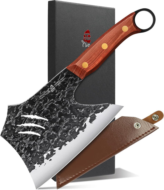 TUO Wild Forged Meat & Bone Cleaver Knife, 7 inch Heavy Duty Butcher Knife with Sheath, Bone Cutter for Meat Cutting, Kitchen Outdoor Cooking, Gift - Red Sandalwood Handle
