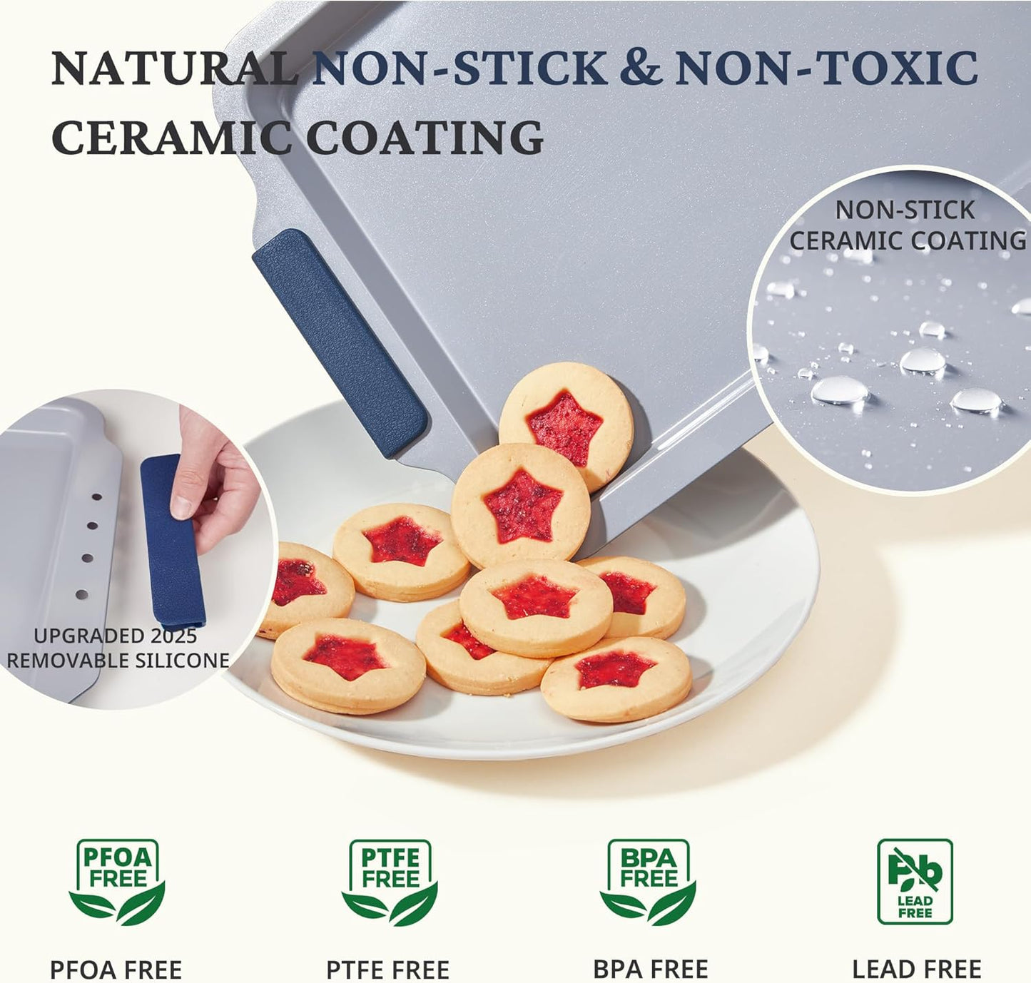 BRONYPRO Non Stick Ceramic Baking Sheet Pan Set of 3, Natural Non Toxic Cookie Sheets for Baking - PFOA, PTFE Free, Heavy Duty Aluminized Steel Oven Trays for Cooking with Silicone Handles, Navy