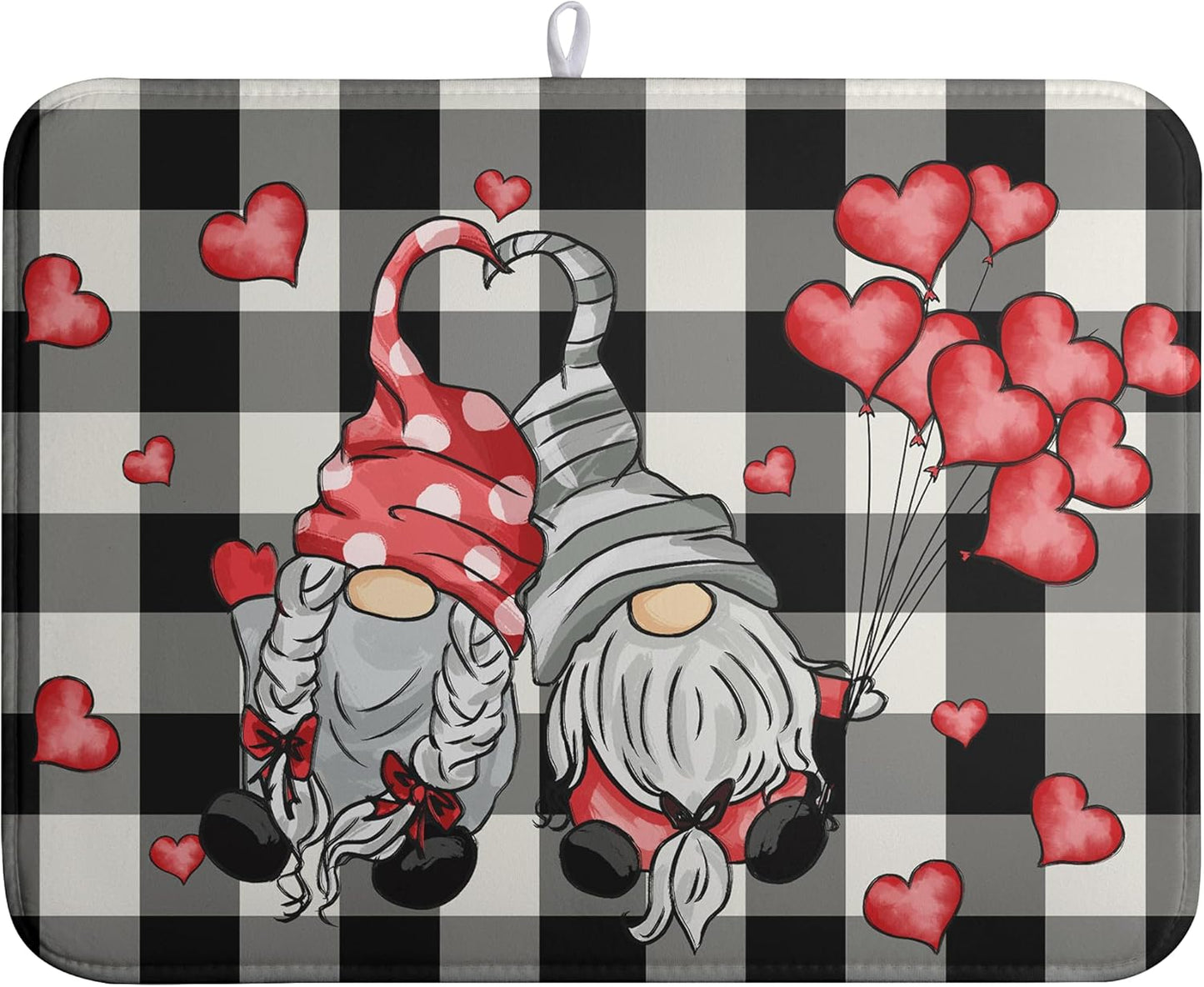 Valentine Gnome Hearts Dish Drying Mat Valentines Gnomes Dishes Dryer Mats for Kitchen Countertop 18x24 Inches Under Coffee Maker Drainer Matt Microfiber Large