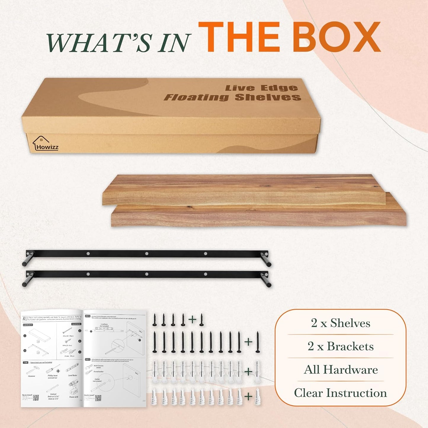 36" Acacia Live Edge Floating Shelves Set of 2 - Wall Mounted Wooden Shelf for Stylish Home Décor - Teak Look Color 36x7.5x1.5 Inches