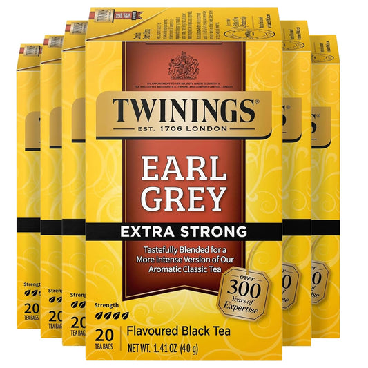 Twinings Earl Grey Extra Strong Black Tea Individually Wrapped Bags, 20 Count (Pack of 6), Flavoured with Citrus and Bergamot, Caffeinated, Enjoy Hot or Iced, 120 Teabags
