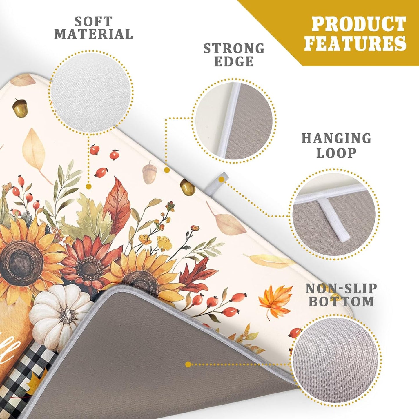 Autumn Sunflowers Vase Dish Drying Mat for Kitchen Counter,Fall Pumpkin Maple Leaves Drying Mat 18 x 24 Inch with High Absorbent Microfiber Dish Drying Drainer Mat for Coffee Bar