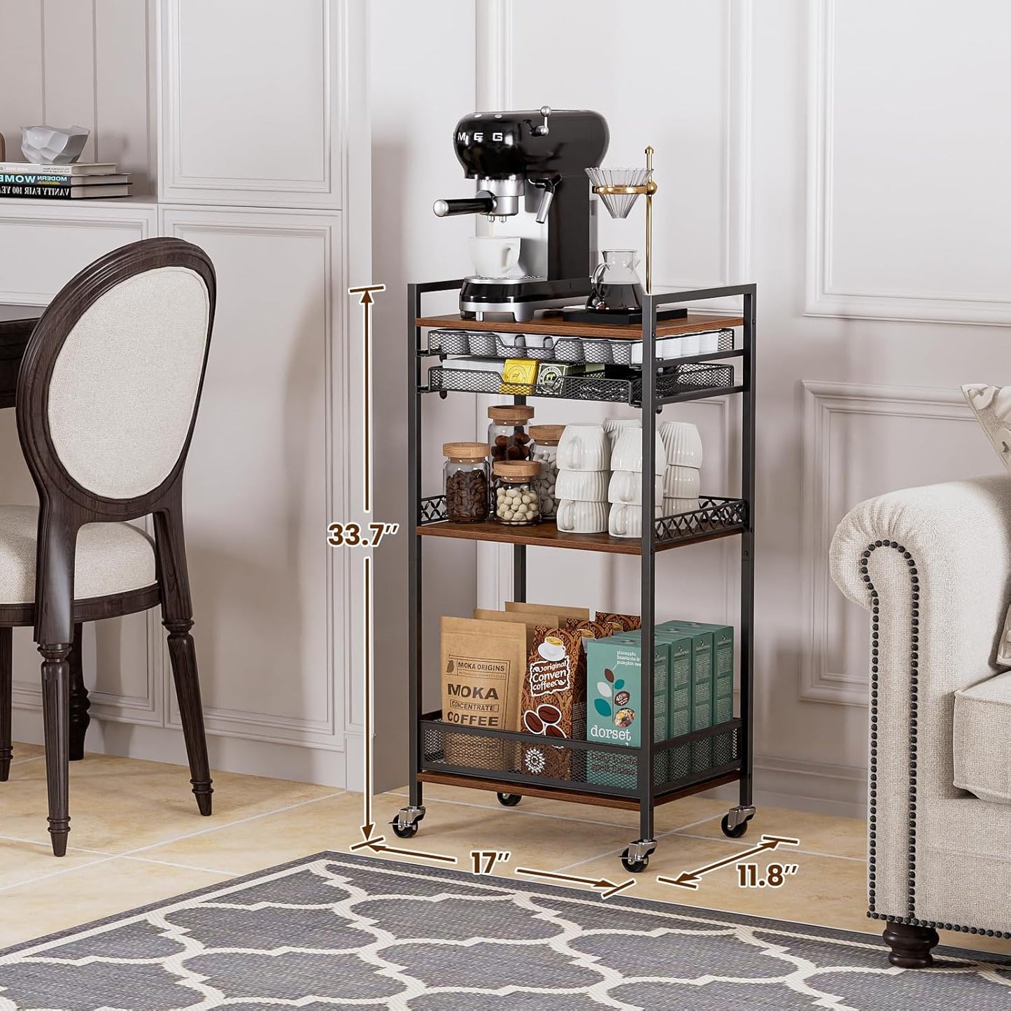 K Cup Holder Rack, Coffee Station Organizer for Nespresso Vertuo and K Cup Capsules, Multi-Functional Bar Accessories Organizer With Wheels for Living Room, Kitchen