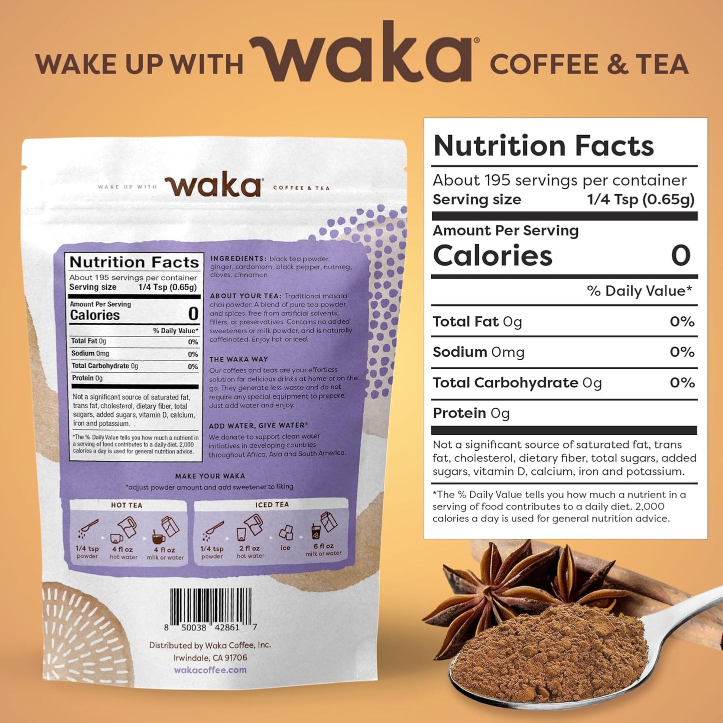 Waka Traditional Chai Tea Powder Mix - Chai Tea Concentrate Sugar Free. Pure Leaves from India, Natural Spices, Unsweetened, No Additives (4.5oz Pouch, 195 Servings)