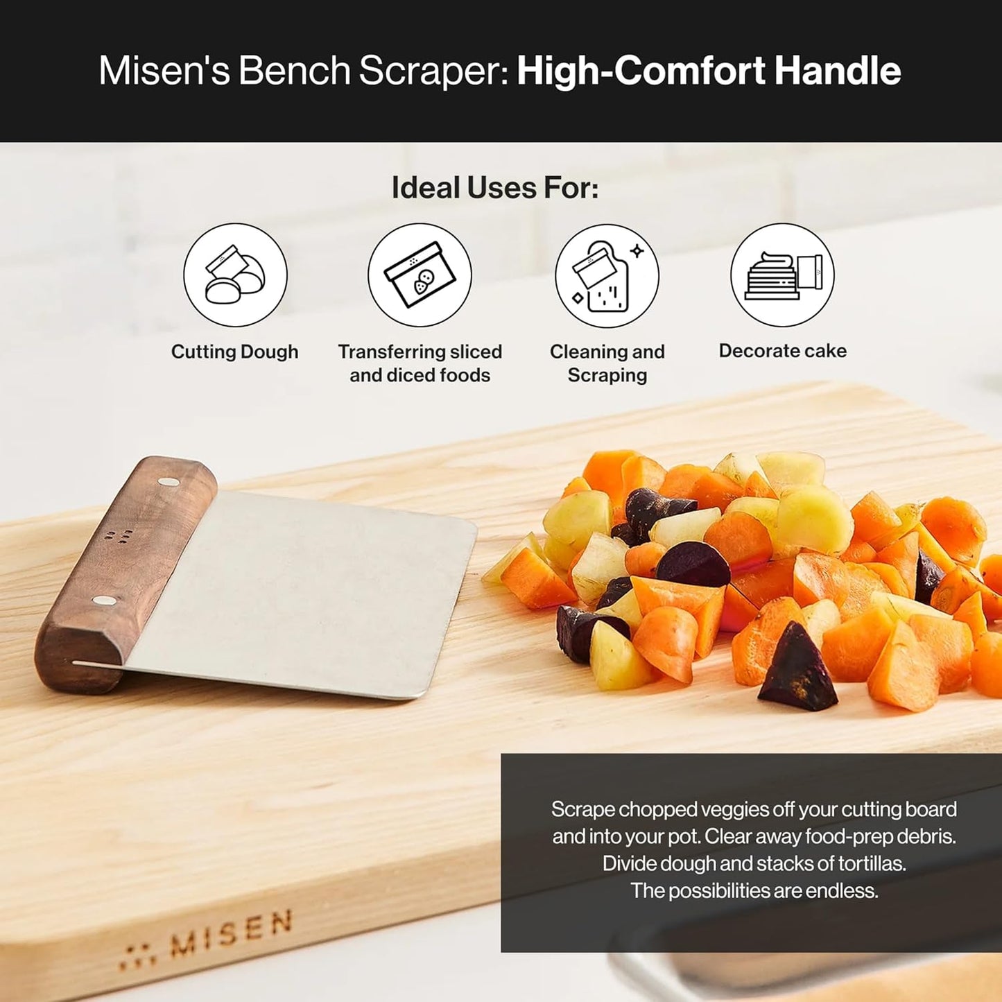 Misen Stainless Steel Bench Scraper - Versatile Food Scraper with Walnut Handle - Ideal for Kitchen, Pastry & Dough - Durable Cutting Board Scraper Tool - Effortless Transfer into Pots & Pans -Walnut