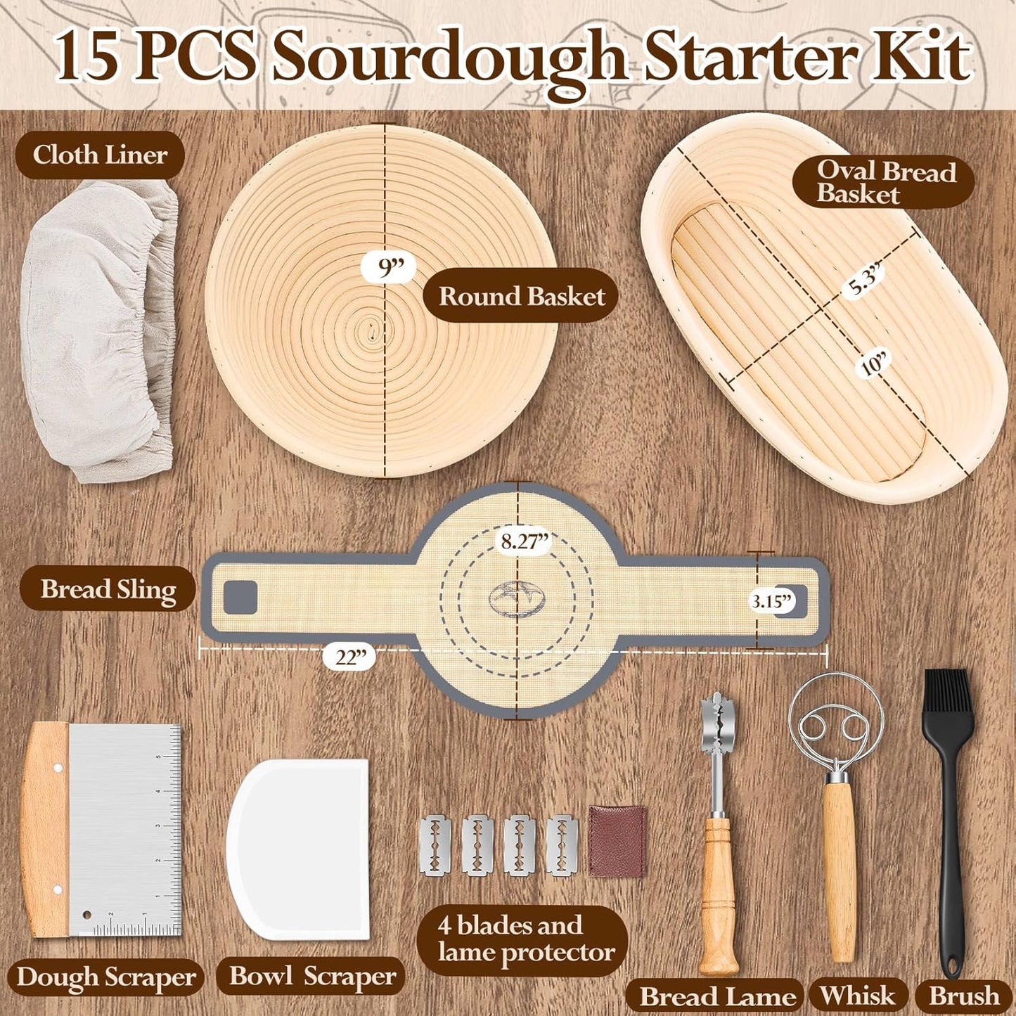 P&P CHEF Sourdough Bread Baking Supplies, 9” Round & 10” Oval Sourdough Proofing Baskets Starter Kit, Bread Making Tool Set with Cloth Liner Bread Lame Scraper Brush Dough Whisk