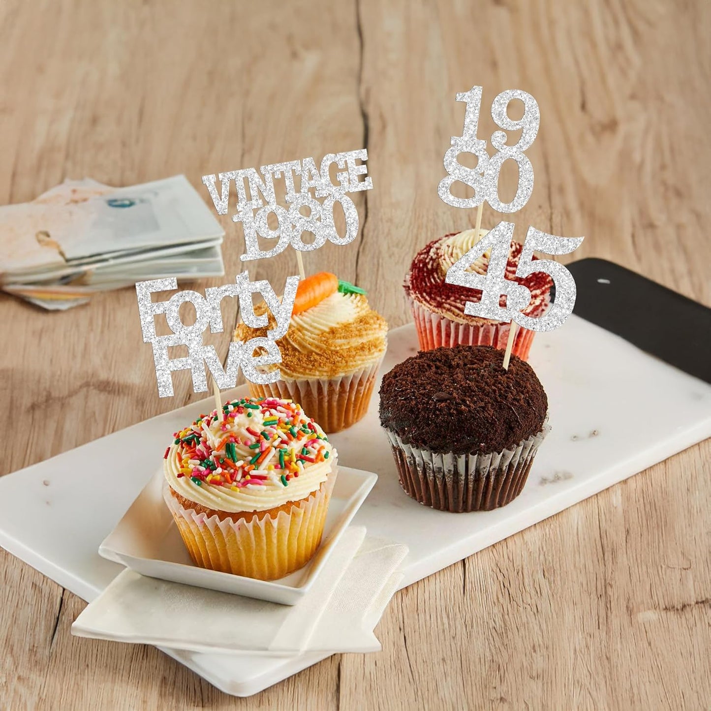 Gyufise 24Pcs 45th Birthday Cupcake Toppers Glitter Cheers to 45 Fabulous Forty Five Vintage 1980 Cupcake Picks 45th Birthday Wedding Anniversary Party Cake Decorations Supplies Silver
