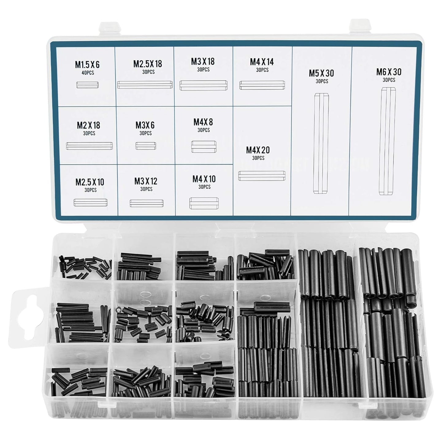 ZELCAN 400pc Roll Pin Set, M1.5 M2 M2.5 M3 M4 M5 M6 Slotted Metric Spring Pins in Various Lengths, Steel Split Expansion Pin Hardware Assortment Kit