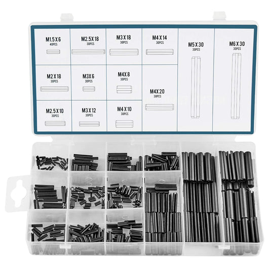 ZELCAN 400pc Roll Pin Set, M1.5 M2 M2.5 M3 M4 M5 M6 Slotted Metric Spring Pins in Various Lengths, Steel Split Expansion Pin Hardware Assortment Kit